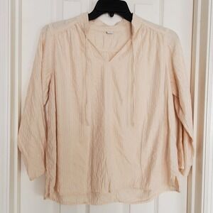 Old Navy Cream Gold Metallic Striped Boho Peasant Blouse Split V-Neck Small